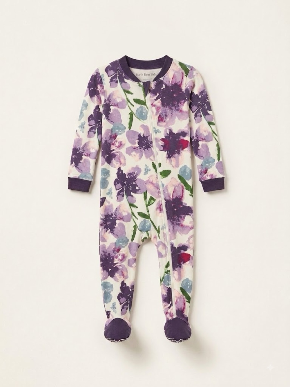 Burt's Bees Baby Purple Floral Zip Footed One-Piece